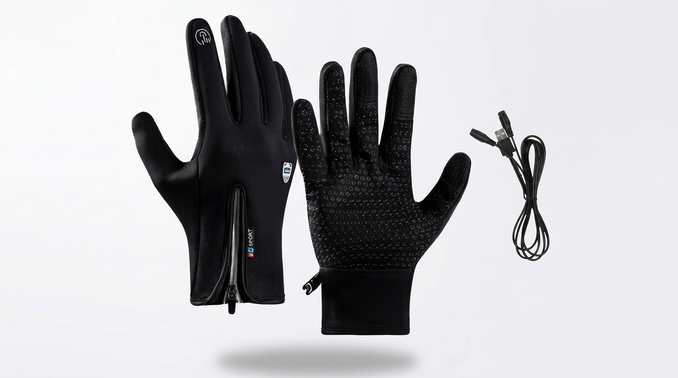 NaturWide thin heated gloves showing flexible fabric, leather grip and included USB cable