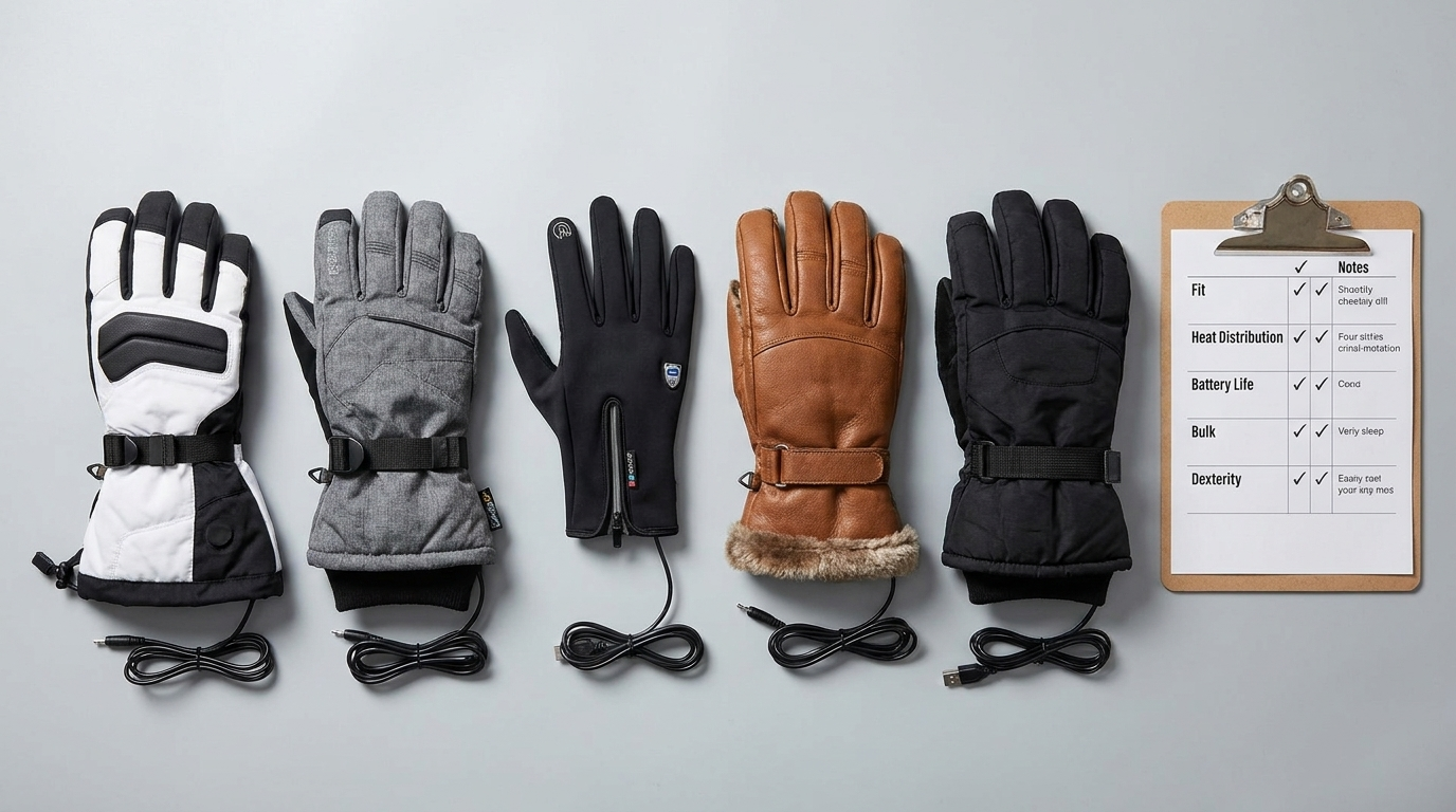 Five heated glove styles arranged for comparison, with the thin everyday pair in the center